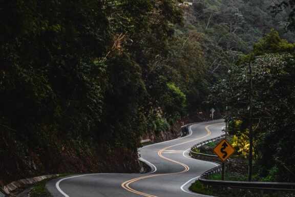 Vista de la carretera "La Viborita", con curvas pronunciadas rodeadas de árboles frondosos y naturaleza exuberante, en la ruta hacia los Valles Cruceños.